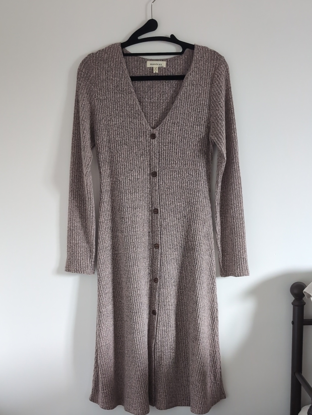 Monteau Button-Front Long Sleeve Ribbed Midi Dress in Taupe